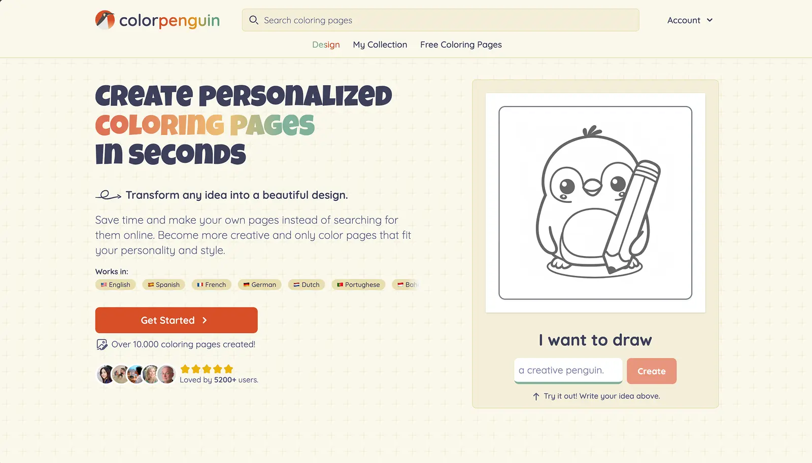 ColorPenguin homepage showing the personalized coloring page generator