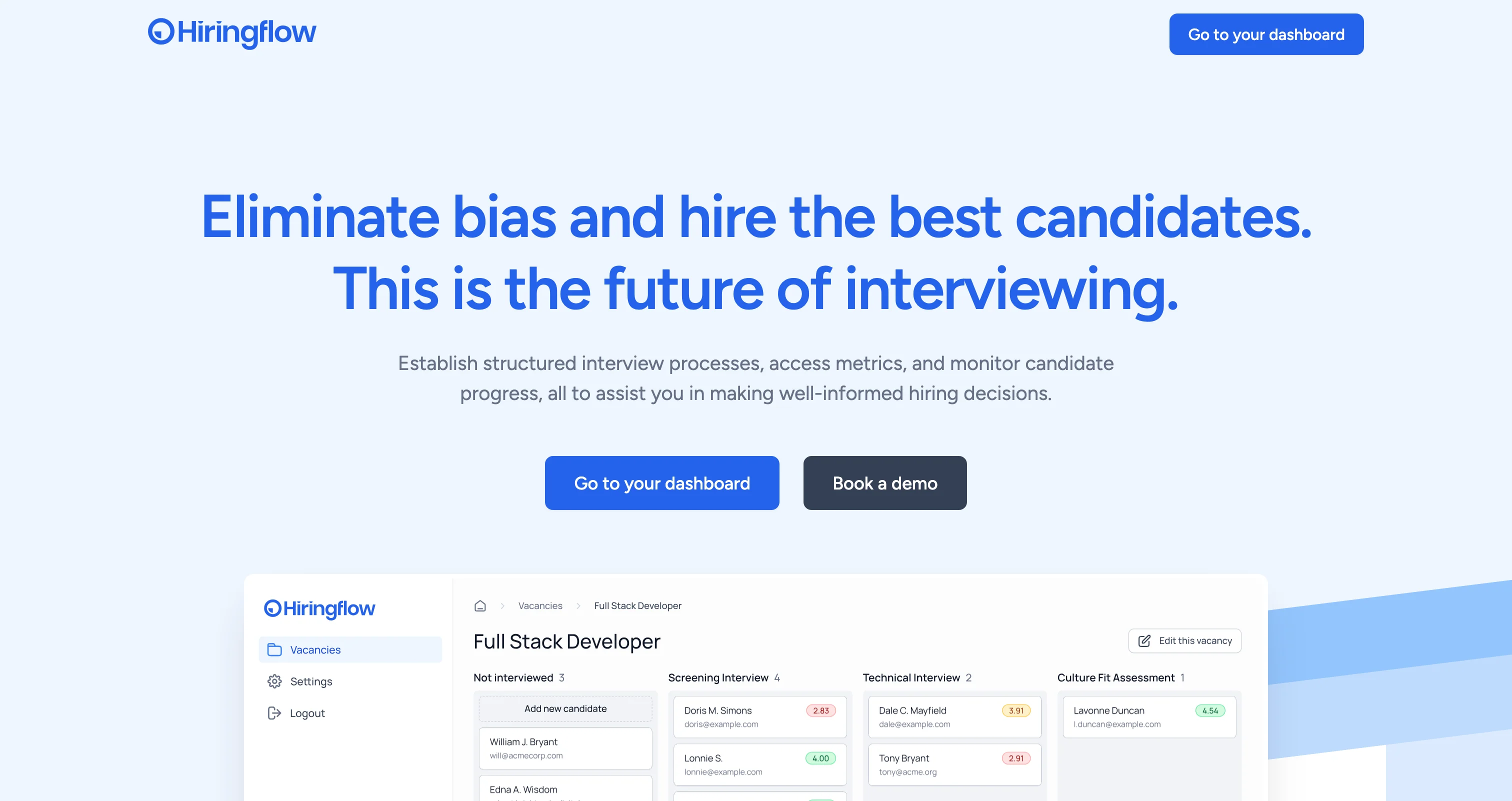 Hiringflow homepage showing the structured interviewing platform