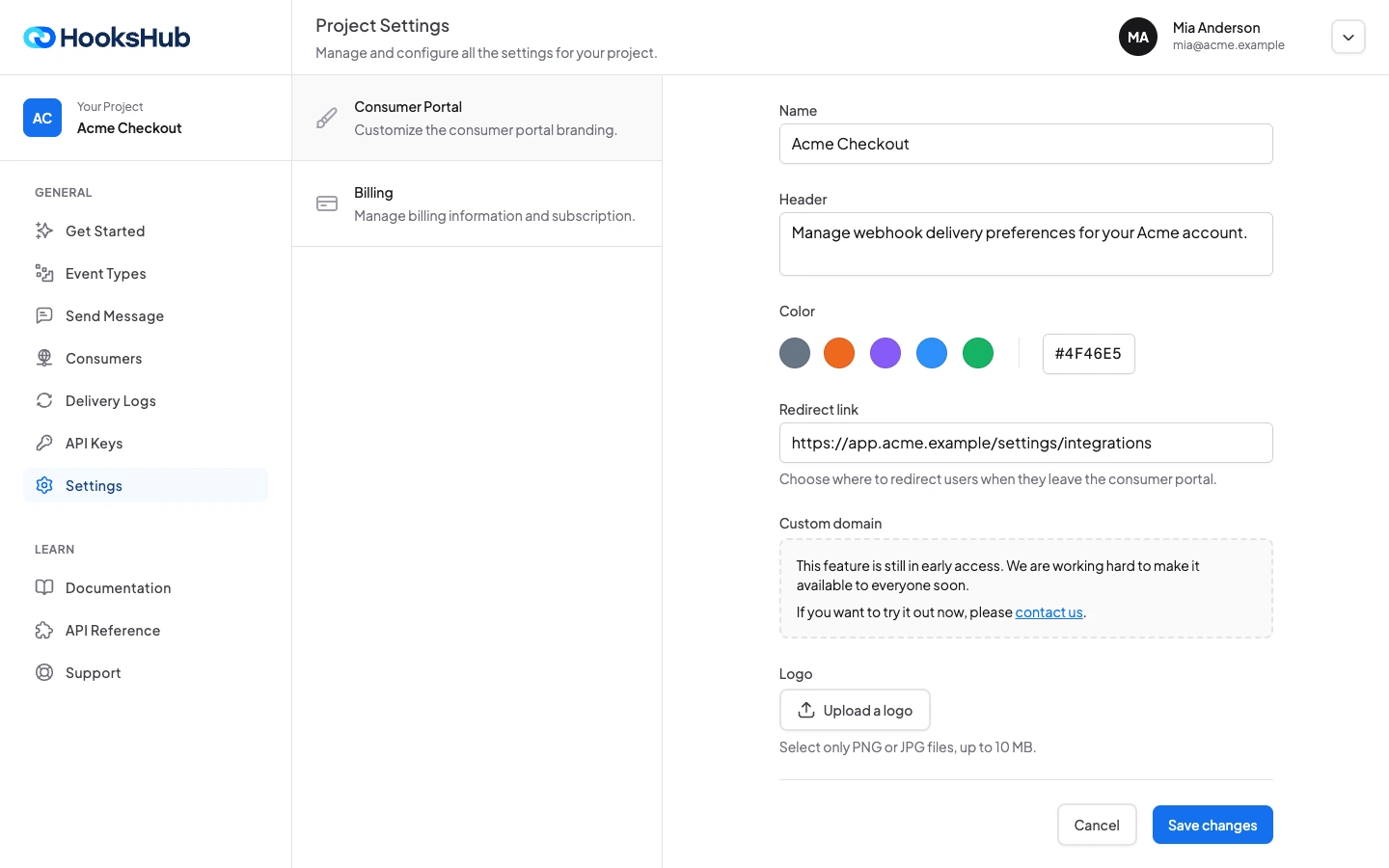 Hookshub white-label branding controls for the consumer portal