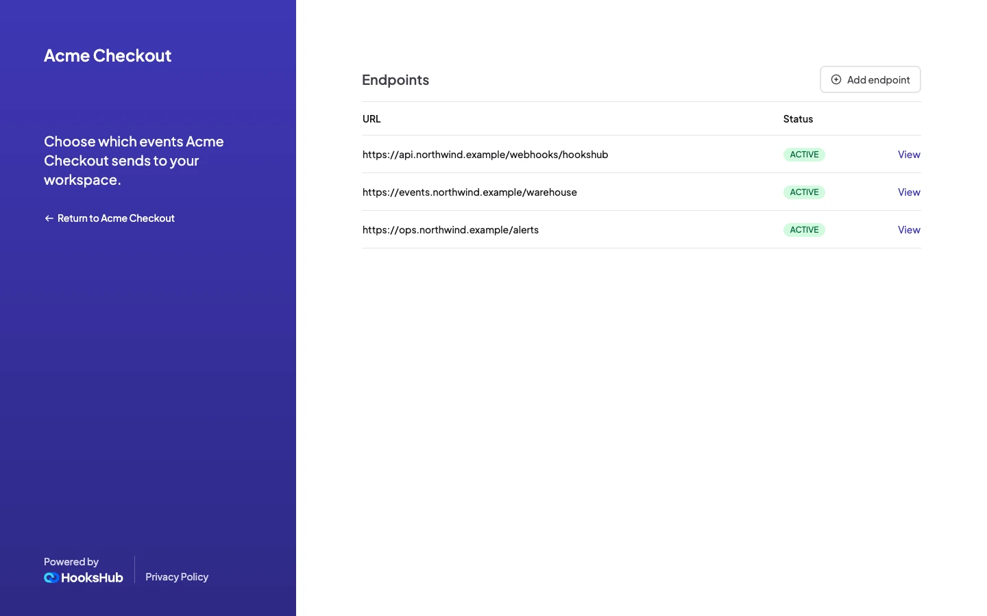 Hookshub consumer portal for managing webhook endpoints