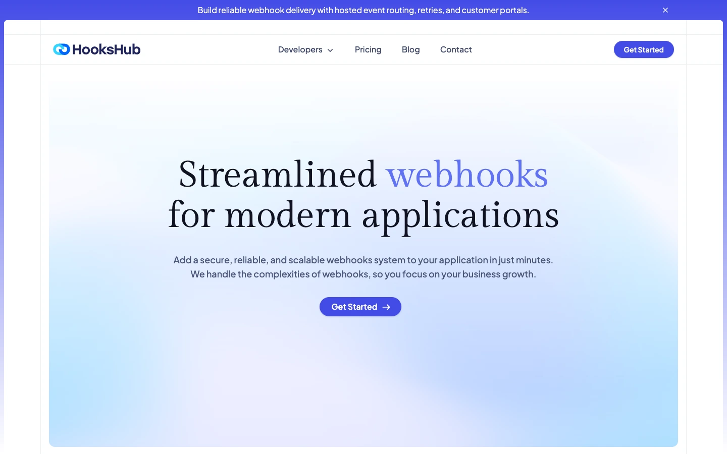 Hookshub homepage showing the webhooks infrastructure platform
