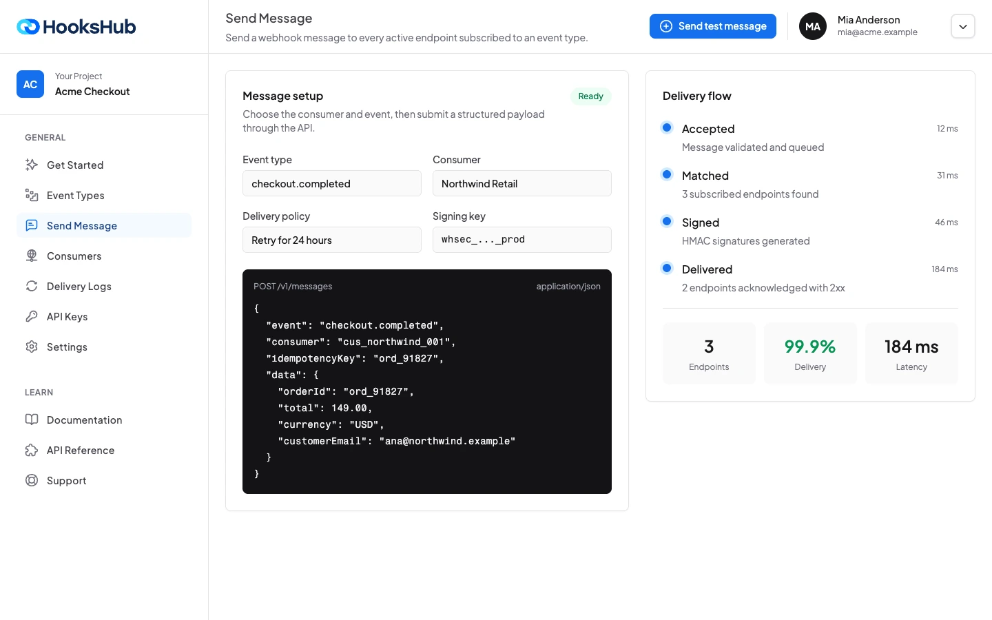 Hookshub API for sending webhook messages to consumers