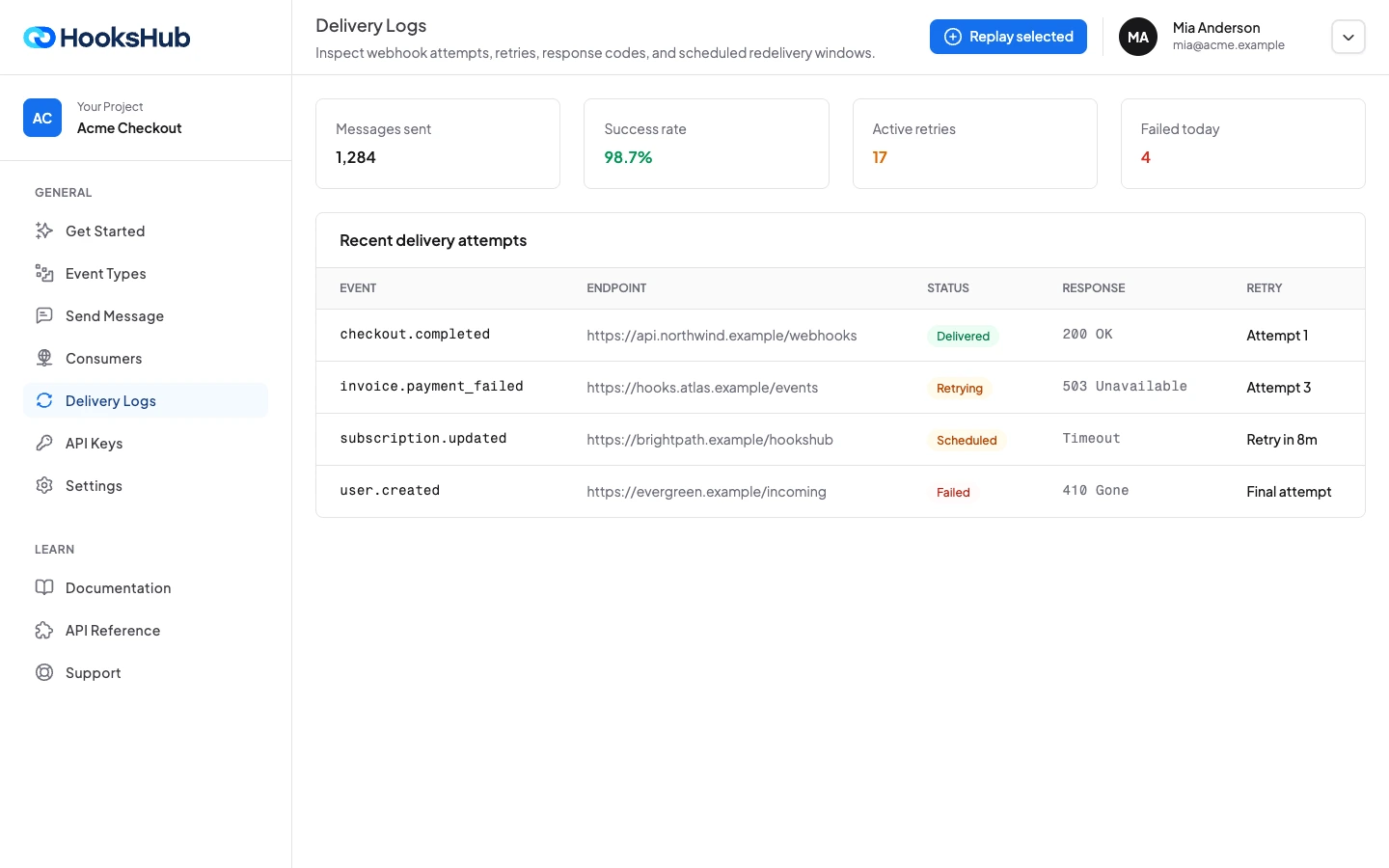 Hookshub retry delivery interface for resilient webhook processing